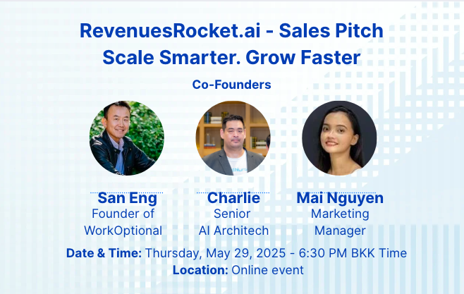Ready to future-proof your business?
Join us May 29, 6:30–8:30PM BKK (Online) for the launch of RevenuesRocket.ai — AI-powered growth made simple.
🎤 Meet Charlie, San &amp; Mai.
🔗 RSVP: shorturl.at/f59JY
#WorkOptional #RevenuesRocket #FutureOfWork