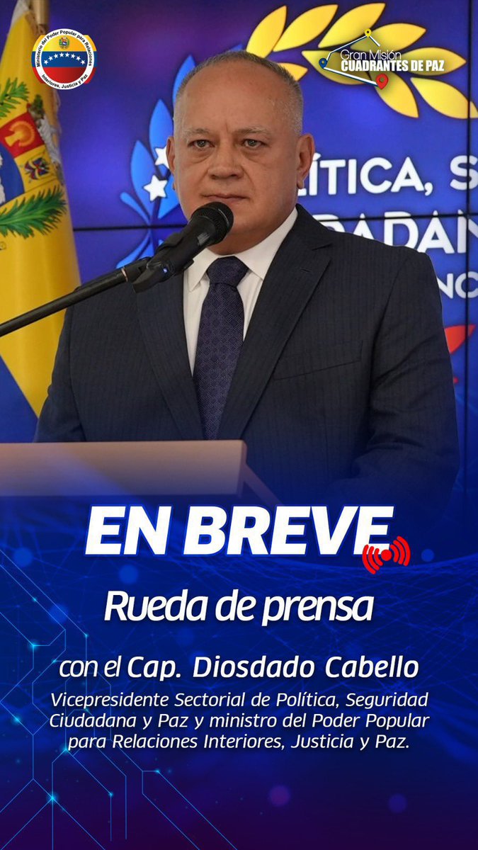 #23MAY || En breves minutos, Vpdte. Sectorial de Política Seguridad Ciudadana y Paz. Cap. @DCabellor estará ofreciendo rueda de prensa con importantes declaraciones.
