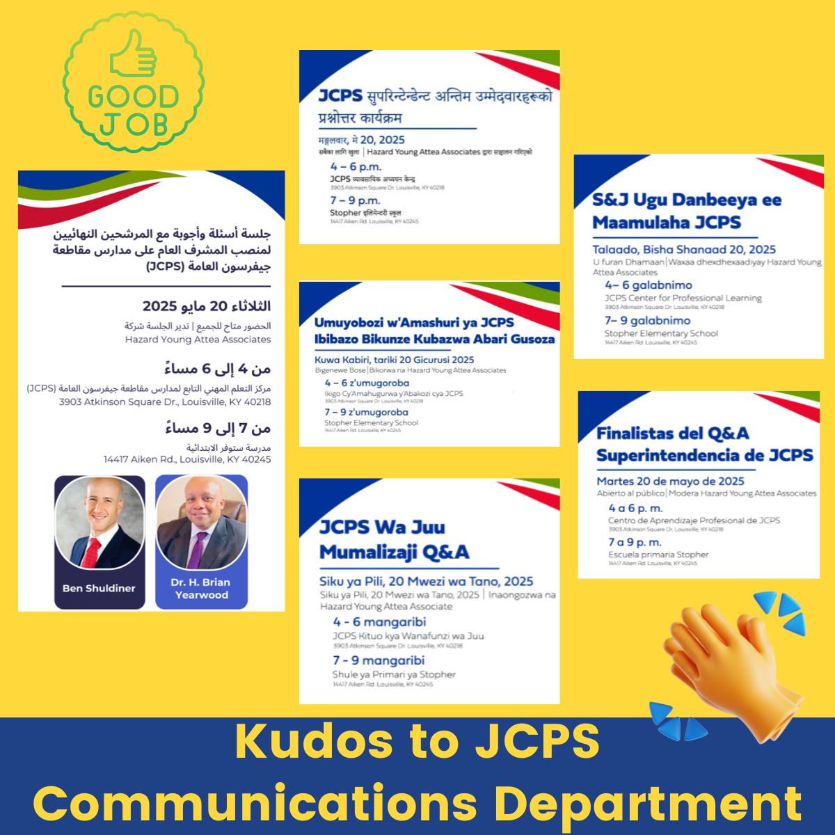 JCPS Language Services (@jcpsls) on Twitter photo 👏 Kudos to <a href="/JCPSKY/">JCPS</a> Communications Department for including international families in the Superintendent Finalists Forums. Supporting Equity through Language Access. 🌍🗣️
#EquityThroughLanguageAccess
<a href="/JCPSAsstSuptASP/">Dr. Alicia Averette</a>
<a href="/DrJillHandley/">Jill Handley</a>
<a href="/CarolynCal_/">Carolyn Callahan</a> 👏 Kudos to <a href="/JCPSKY/">JCPS</a> Communications Department for including international families in the Superintendent Finalists Forums. Supporting Equity through Language Access. 🌍🗣️
#EquityThroughLanguageAccess
<a href="/JCPSAsstSuptASP/">Dr. Alicia Averette</a>
<a href="/DrJillHandley/">Jill Handley</a>
<a href="/CarolynCal_/">Carolyn Callahan</a>