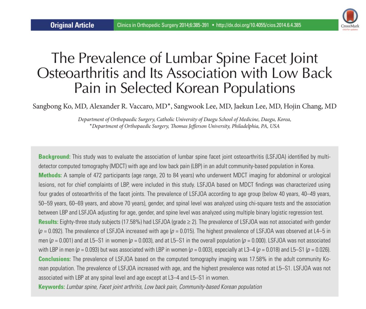 The Prevalence of Lumbar Spine Facet Joint Osteoarthritis and Its Association with Low Back Pain in Selected Korean Populations
ecios.org/pdf/10.4055/ci…

LSFJOA was not associated with LBP in men (p = 0.093) but was associated with LBP in women (p = 0.003)