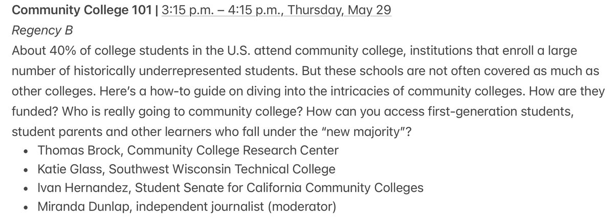 ByMirandaDunlap's tweet image. If you’re attending the @EdWriters conf. in St. Louis next week, make sure to stop by our “Community Colleges 101” session!
I’ll lead a discussion on what journalists should know about the unique and changing role of community colleges. See you there?🤓