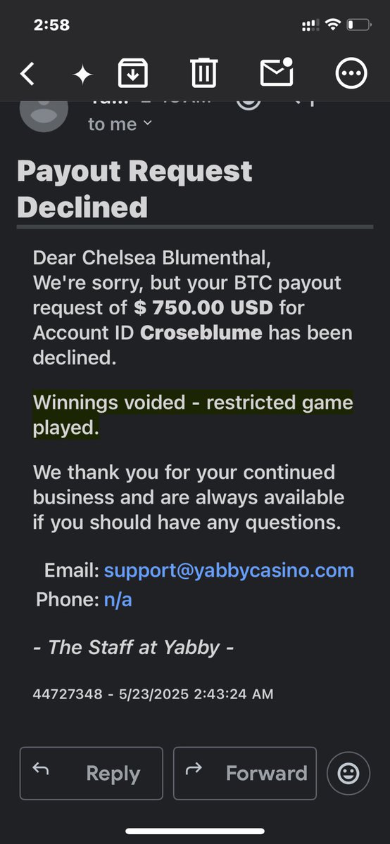 BrokeBackMamma's tweet photo. @YabbyCasino NEVER IN ALL  my experiences OF online casinos have I heard of this happening!! Disturbing!!! DO NOT shove these people a penny!!! https://t.co/yAHEfSdz2h