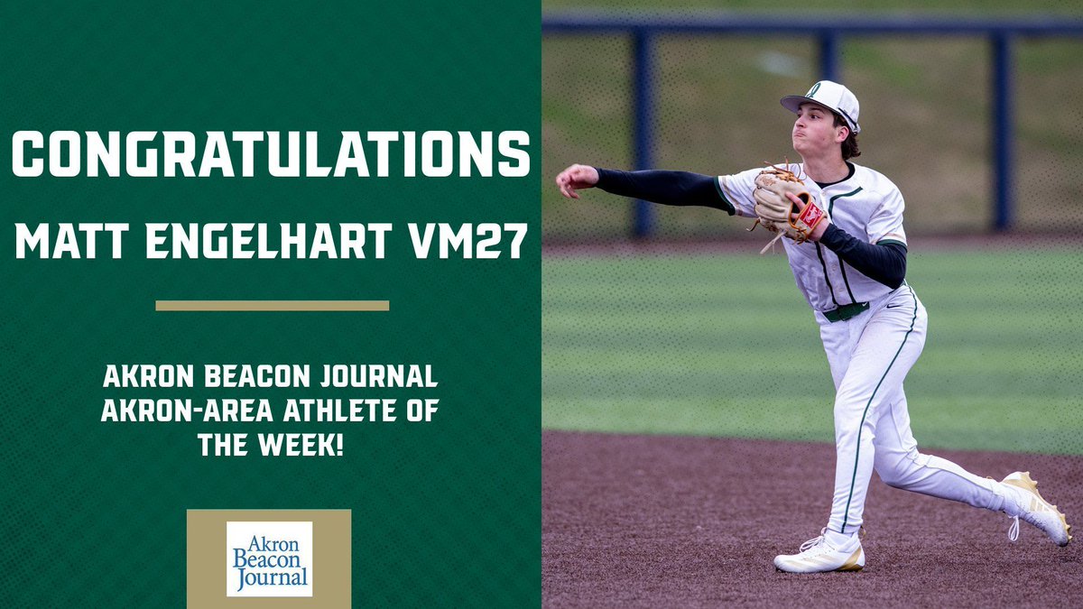 Congratulations to Matt Engelhart VM27 who was named the Akron Beacon Journal Akron-area athlete of the week for the week of May 12-18!

Engelhart went a perfect 4-for-4 with two triples and six RBIs in a 16-2 win over Ellet on Thurs., May 15.

#GoIrish⚾☘️