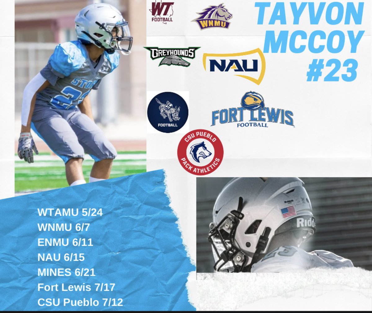 Tayvon McCoy (@tvmccoy23) on Twitter photo Excited for my camp season Iโll be attending these camps <a href="/WTAMUFootball/">Buffalo Football</a> <a href="/Coach_Shade/">Shayne Shade</a> <a href="/CoachJoshLynn/">Josh Lynn</a> <a href="/WNMUFootball/">WNMU Mustang Football</a> <a href="/CoachD_Delgado/">David Delgado</a> <a href="/ENMUFootball/">Eastern New Mexico University Football</a> <a href="/CoachKelleyLee/">Kelley Lee</a> <a href="/MinesFootball/">Mines Football</a> <a href="/coachTthomas6/">Tripp Thomas</a> <a href="/NAU_Football/">NAU Football</a> <a href="/CoachAdamClark/">Adam Clark</a> <a href="/FLCFootball/">FLC Football</a> <a href="/TheCoach7Bible/">Jordan Bible</a> <a href="/CSUPFootball/">CSU Pueblo Football</a> <a href="/CoachTWebb/">Thomas Webb Jr.</a> Excited for my camp season Iโll be attending these camps <a href="/WTAMUFootball/">Buffalo Football</a> <a href="/Coach_Shade/">Shayne Shade</a> <a href="/CoachJoshLynn/">Josh Lynn</a> <a href="/WNMUFootball/">WNMU Mustang Football</a> <a href="/CoachD_Delgado/">David Delgado</a> <a href="/ENMUFootball/">Eastern New Mexico University Football</a> <a href="/CoachKelleyLee/">Kelley Lee</a> <a href="/MinesFootball/">Mines Football</a> <a href="/coachTthomas6/">Tripp Thomas</a> <a href="/NAU_Football/">NAU Football</a> <a href="/CoachAdamClark/">Adam Clark</a> <a href="/FLCFootball/">FLC Football</a> <a href="/TheCoach7Bible/">Jordan Bible</a> <a href="/CSUPFootball/">CSU Pueblo Football</a> <a href="/CoachTWebb/">Thomas Webb Jr.</a>