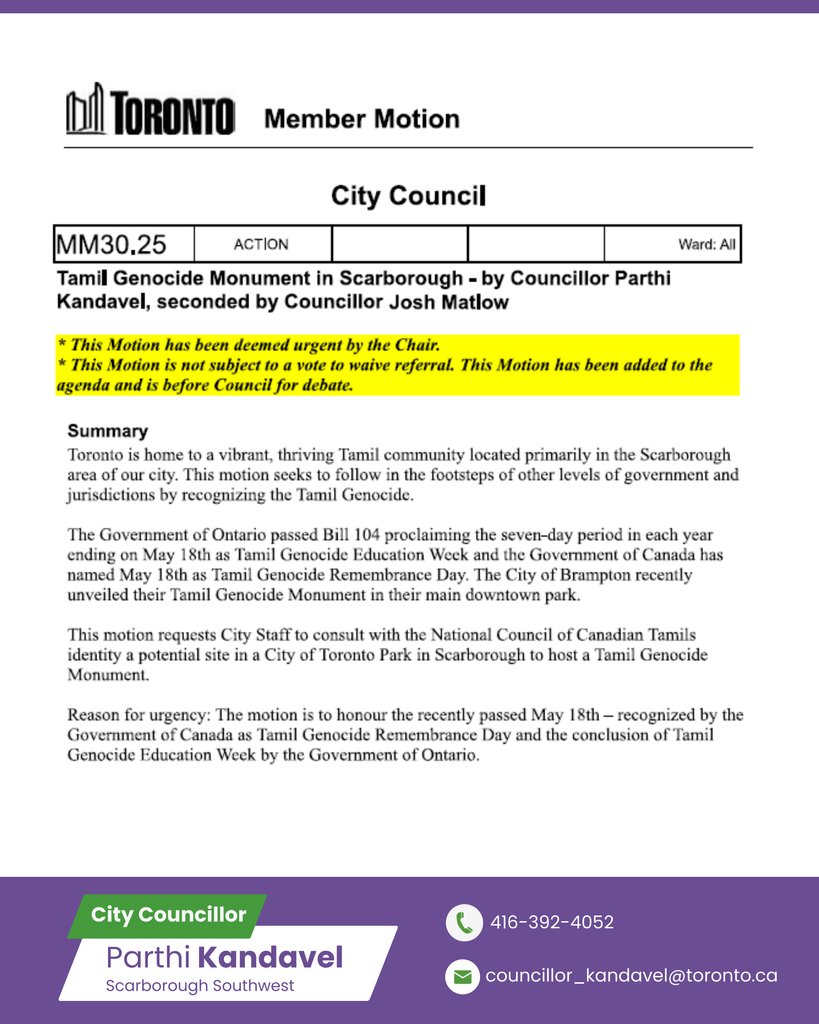 Parthi Kandavel (@parthikandavel) on Twitter photo Proud to share that Toronto City Council has unanimously passed my motion for the City to work with the Tamil community to build a Tamil Genocide Monument in our city.
Thank you to <a href="/JoshMatlow/">Josh Matlow</a> for seconding the motion, <a href="/MayorOliviaChow/">Mayor Olivia Chow 🇨🇦</a>, and all Councillors for your support. Proud to share that Toronto City Council has unanimously passed my motion for the City to work with the Tamil community to build a Tamil Genocide Monument in our city.
Thank you to <a href="/JoshMatlow/">Josh Matlow</a> for seconding the motion, <a href="/MayorOliviaChow/">Mayor Olivia Chow 🇨🇦</a>, and all Councillors for your support.