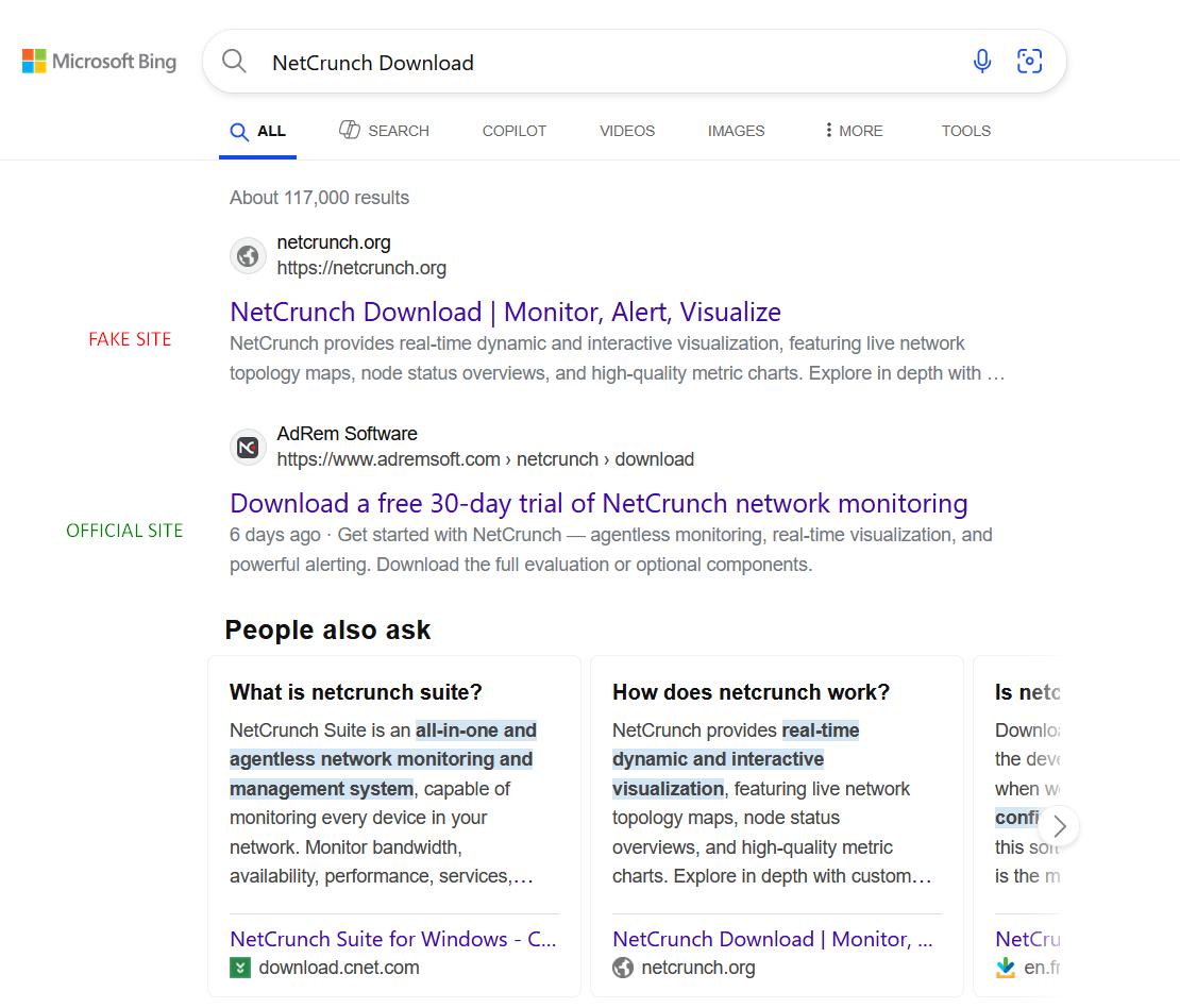1ZRR4H's tweet photo. 🚩 #Bumblebee is still spreading through SEO poisoning, signed malware and fake IT tools targeting mainly network/system administrators.

In addition, Microsoft's ecosystem fails at 3 different layers: search, AI and protection ⚠️

1.- Bing, shows as first result a fake NetCrunch site.
2.- Copilot, suggests downloading from the same malicious site.
3.- Defender, doesn't detect the downloaded malware.

Fake domain: netcrunch[.]org mentioned here https://t.co/LUtrK7yefE (and as @tsnikle commented, if accessed directly, the site shows a harmless version).
Download from: hub28[.]shop
Sample (43,7 MB): https://t.co/IMjnl7Cz5S
Botnet: grp0004
C2 server: 188.40.187.139 (DGA)

As a general recommendation, block all traffic for .life and .click domains in the corporate network.

@malwrhunterteam