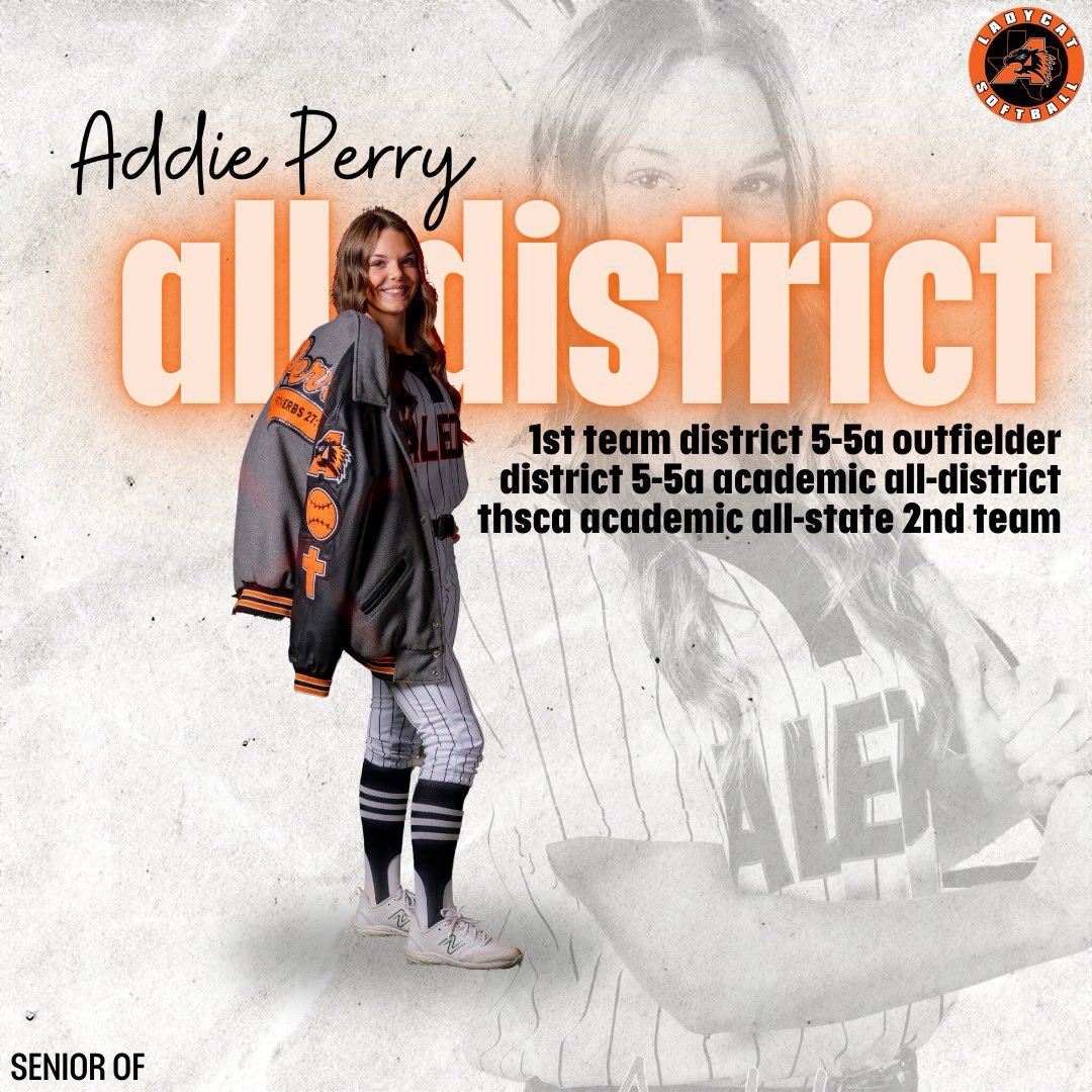 Ladycat Softball (@ladycatsoftbal1) on Twitter photo Congratulations to senior outfielder Addie Perry on being named First-Team All-District 5-5A Outfielder! 🧡 Addie was also on the District 5-5A Academic All-District team and was Second Team THSCA Academic All-State!
Congrats, Addie! <a href="/addieperry2025/">Addie Perry</a>
#ladycatsoftball #allinaledo Congratulations to senior outfielder Addie Perry on being named First-Team All-District 5-5A Outfielder! 🧡 Addie was also on the District 5-5A Academic All-District team and was Second Team THSCA Academic All-State!
Congrats, Addie! <a href="/addieperry2025/">Addie Perry</a>
#ladycatsoftball #allinaledo