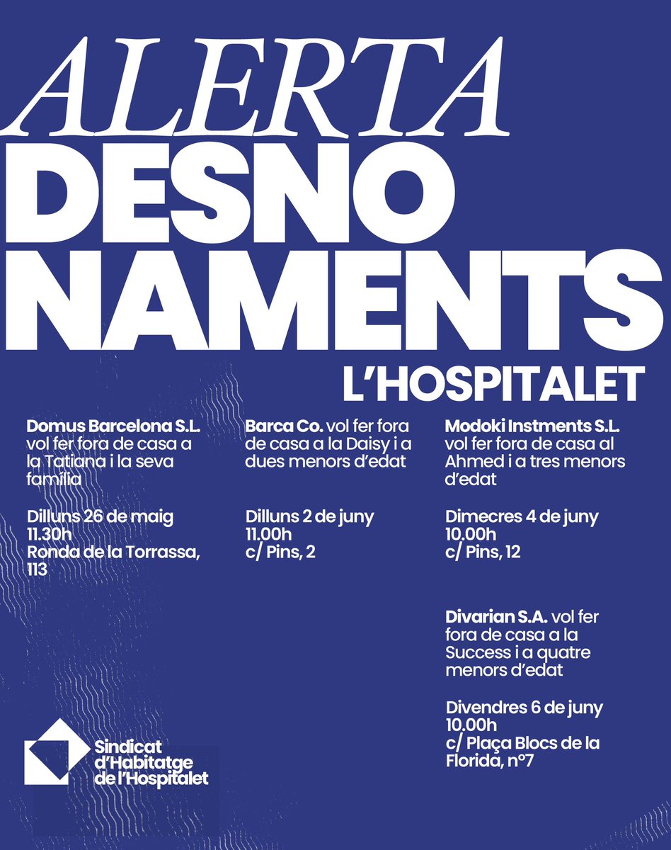🔵 DESNONAMENTS EN OFERTA!

2 setmanes. 4 desnonaments. 9 menors en risc de quedar-se al carrer. Desnonar a l'Hospitalet ara és més fàcil, barat i ràpid, la comitiva judicial ja ni parla amb les afectades: es limiten a expulsar-nos de les nostres cases per seguir amb el negoci.