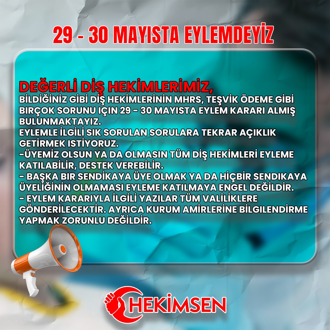 Değerli Diş Hekimlerimiz, 
Bildiğiniz gibi diş hekimlerinin MHRS, teşvik ödeme gibi birçok sorunu için 29 - 30 Mayısta eylem kararı almış bulunmaktayız.
Eylemle ilgili sık sorulan sorulara tekrar açıklık getirmek istiyoruz.
👉 Üyemiz olsun ya da olmasın tüm diş hekimleri eyleme
