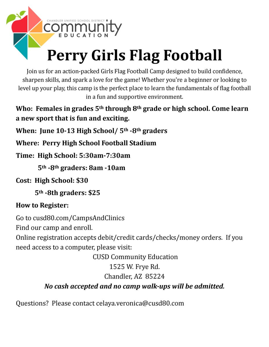 There are still spots for our summer camp.   Come check out the fast growing sport in the nation and the newest sport to the Olympics.  #perrypumasgirlsflagfootball