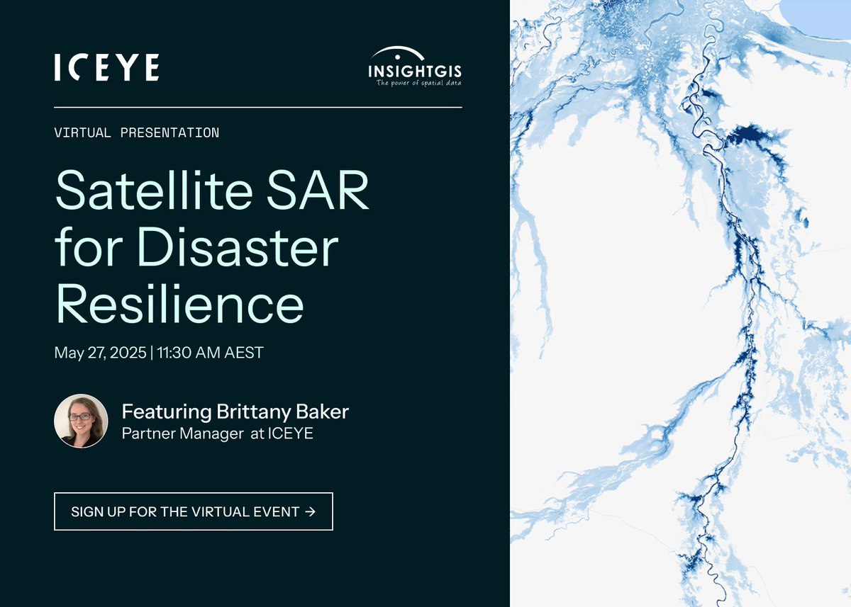 iceye_global's tweet image. Join ICEYE Partner Manager Brittany Baker at Insight GIS’ Spatial User Forum on 27 May for an engaging presentation on how SAR technology is transforming disaster resilience in Australia. 

Register here: hubs.li/Q03nWNc90.

#Australia #BushfireReady #DisasterResilience