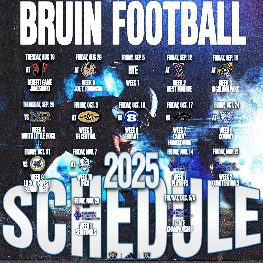 Bruin Football | 2025 Schedule

The path is set.
Catch every moment this season as the Bruins take on marquee matchups under the Friday night lights.