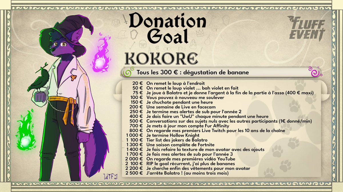 Et voici ma liste de Donation Goals pour le
<a href="/FluffEvent/">Fluff Event</a> ! Je compte sur vous pour assister à l'évènement et contribuer, si vous le voulez et si vous le pouvez ! Rendez-vous à partir du vendredi 30 mai à 18h ! Louloup dessiné pour l'occasion par <a href="/SmolWify/">Smol Wify</a> . #FluffEvent2025