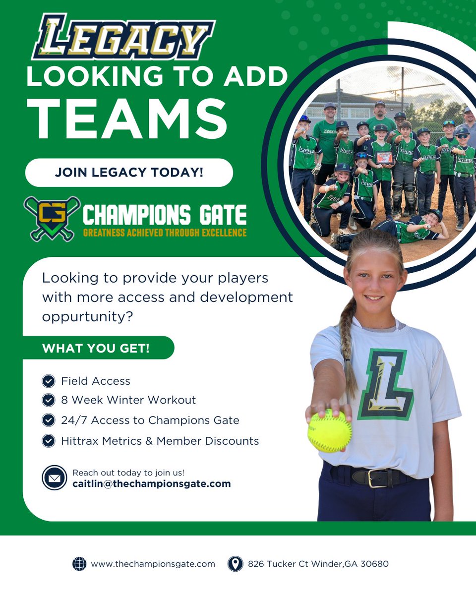 Exciting news! We're welcoming new teams to our Legacy Family this fall and are seeking teams committed to fostering your child's growth and providing valuable resources for coaches. 🥎 ⚾ #LegacyFamily #YouthDevelopment #JoinUs
