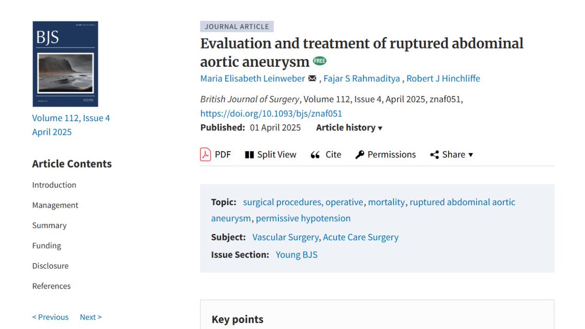 BJS Academy (@bjsacademy) on Twitter photo Evaluation and treatment of ruptured abdominal aortic aneurysm
➡️ bjsacademy.com/bjs-academy/yo…
🗨️ Consider the diagnosis and confirm; transfer to a vascular service; use an endovascular option if possible. -<a href="/JJEarnshaw/">Jonothan Earnshaw</a>
#Surgery #Vascular <a href="/robhinchliffe1/">Robert Hinchliffe</a> Evaluation and treatment of ruptured abdominal aortic aneurysm
➡️ bjsacademy.com/bjs-academy/yo…
🗨️ Consider the diagnosis and confirm; transfer to a vascular service; use an endovascular option if possible. -<a href="/JJEarnshaw/">Jonothan Earnshaw</a>
#Surgery #Vascular <a href="/robhinchliffe1/">Robert Hinchliffe</a>