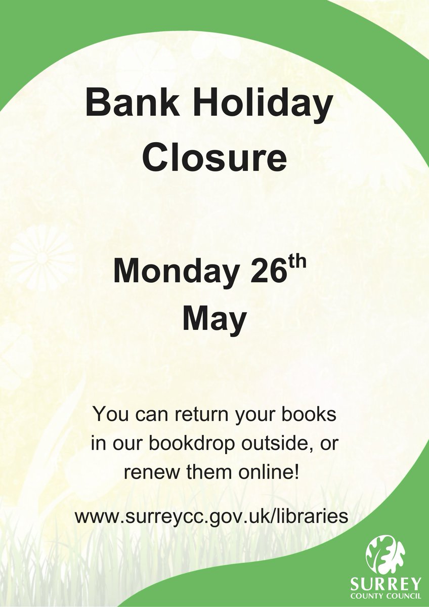 Knaphill Library (@knaphilllib) on Twitter photo We are closed Monday 26th May for Bank Holiday
You can return your books in our bookdrop or renew them online at surreycc.gov.uk/libraries β€οΈ
<a href="/SurreyLibraries/">Surrey Libraries UK</a> We are closed Monday 26th May for Bank Holiday
You can return your books in our bookdrop or renew them online at surreycc.gov.uk/libraries β€οΈ
<a href="/SurreyLibraries/">Surrey Libraries UK</a>