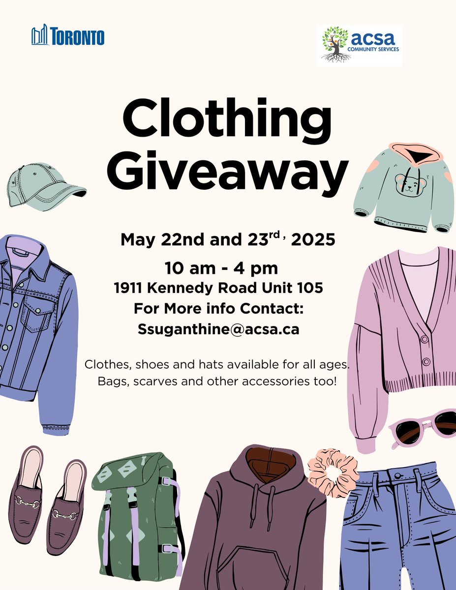 19👔Clothing Drive👗

Join our Family Well-being Ambassadors for a Clothing Giveaway. 
📍Dorset Park Community Hub (1911 Kennedy Rd, unit 105, Scarborough) 
📅 Fri May 23 from 10AM - 4PM ONLY 
For more info, contact Suganthine at ssuganthine@acsa.ca
#community #clothingdrive