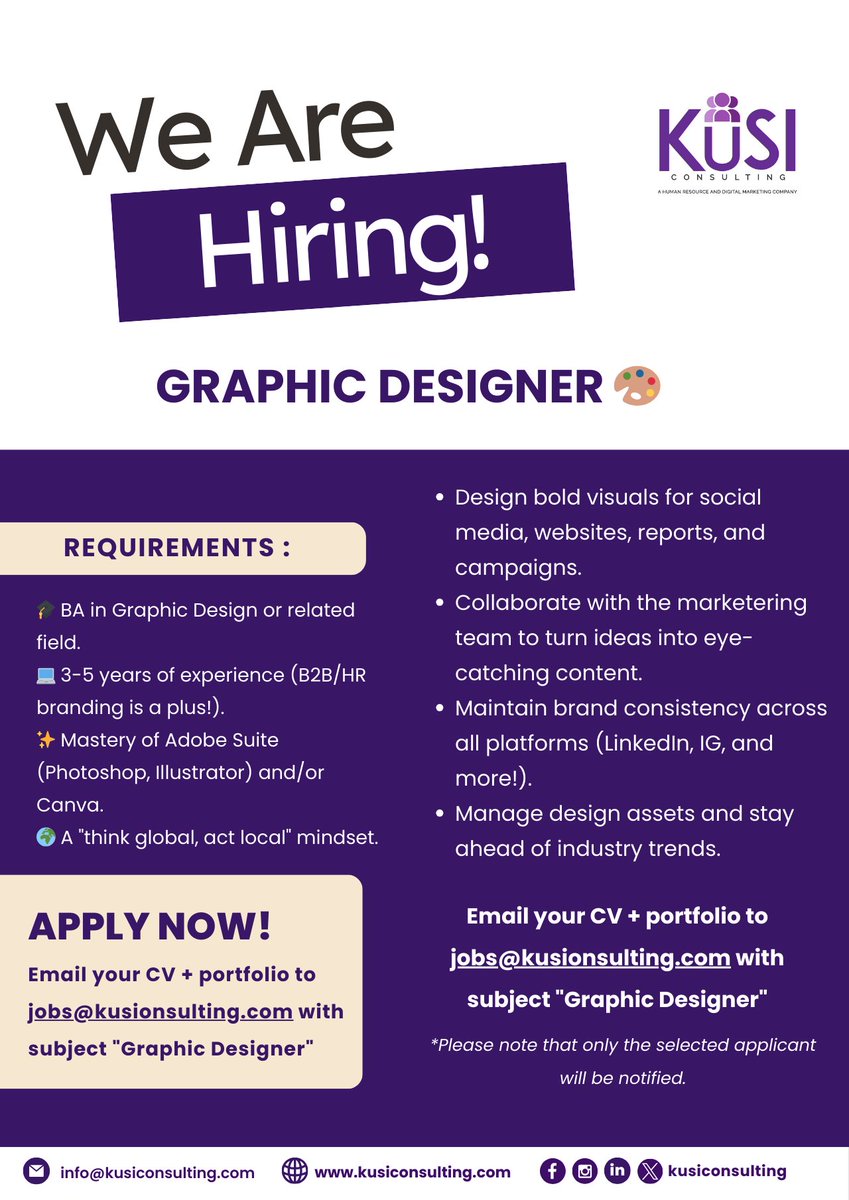 KUSIconsulting's tweet photo. 🚀 We’re hiring: Graphic Designer
🎨 Remote | Full-Time
🛠️ Adobe / Canva Pro
📩 Apply: jobs@kusiconsulting.com
🔗 More: https://t.co/ynlkEe3hgd
#DesignJobs #NowHiring #CreativeAfrica https://t.co/OhcEogO7HE