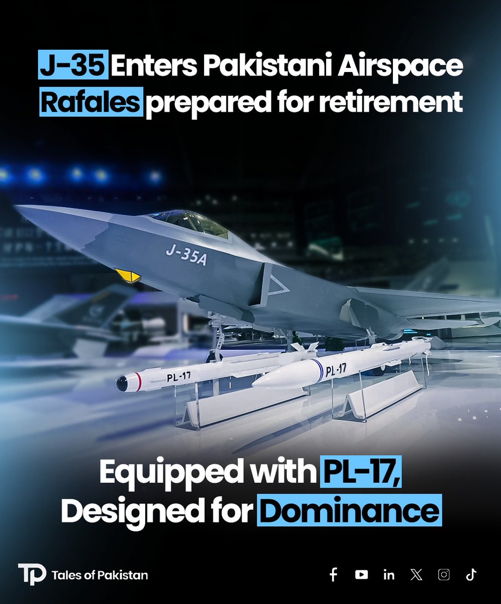 Abirdbs's tweet photo. 🚨 J-35 is Here. Rafales, Prepare for Retirement.

PAF now flies in the fifth-generation arena. With PL-17 missiles and stealth tech, the skies belong to Pakistan.

🇵🇰 J-35 enters the fleet. PL-17 locks the target. 
Rafale: Retired before the dogfight
#PakistanAirForce #J35 #PL17 https://t.co/fJGFivCVDR
