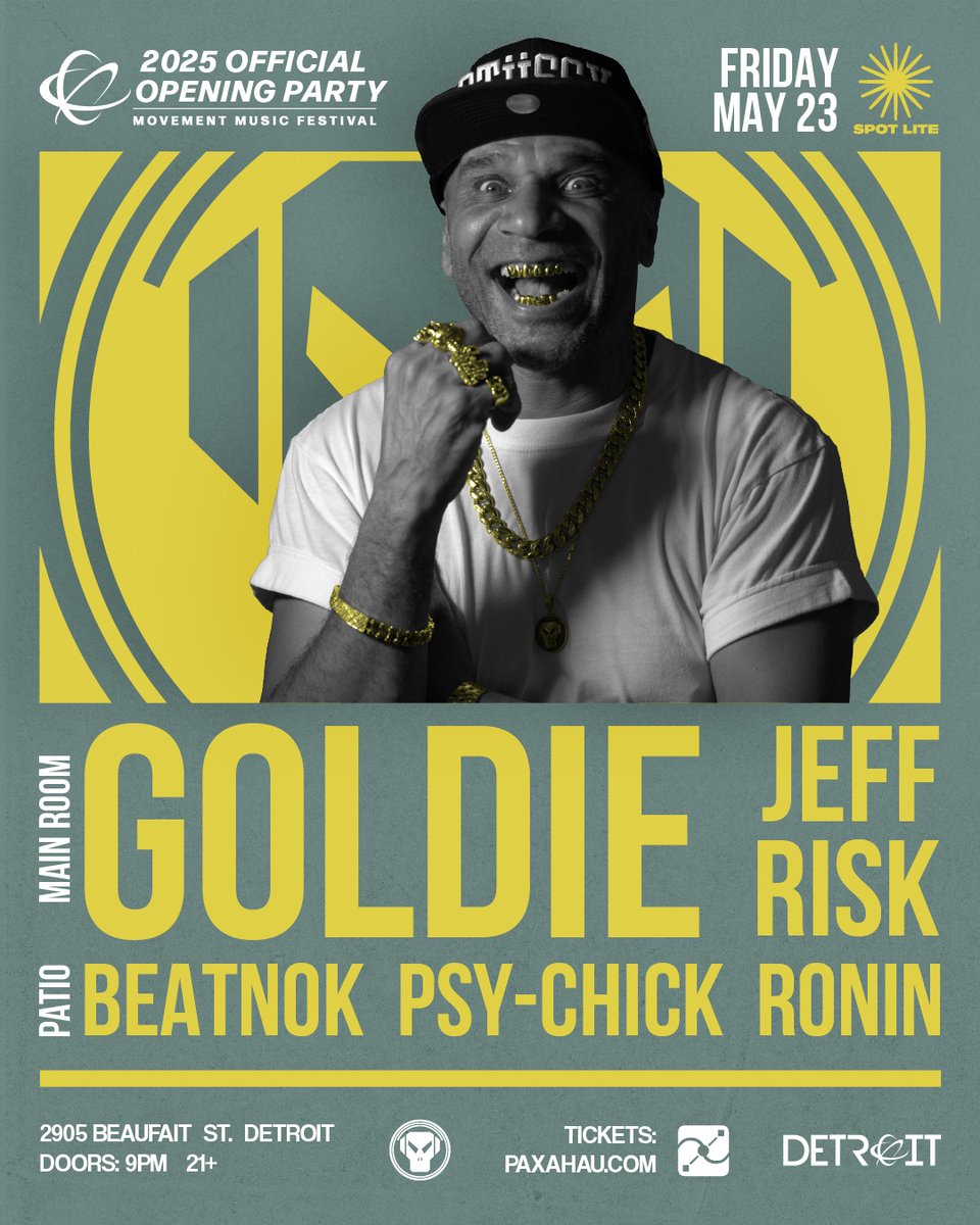 TONIGHT! ⁠Goldie is taking over Spot Lite for the Official @movementdetroit Opening Party ft support from Jeff Risk in the Main Room + Beatnok, Psy-Chick &amp; Ronin on the patio 💥⁠
⁠
paxahau.com 🎫 Online box office closes at 8pm, music starts at 9pm.