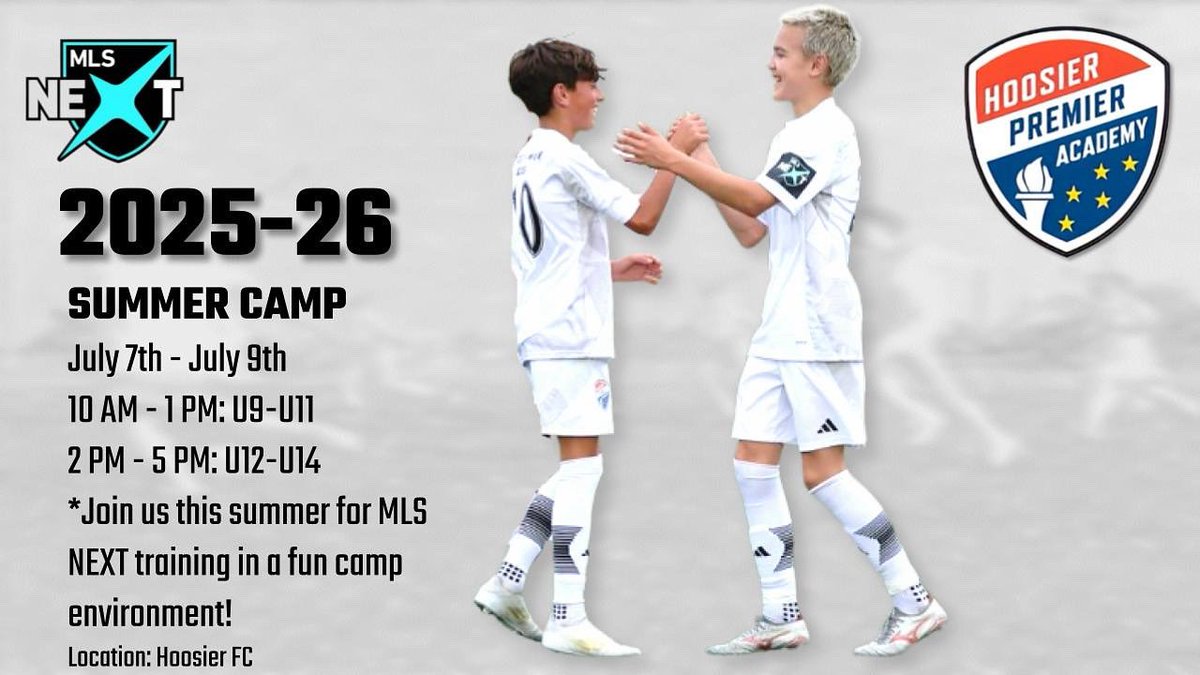 Summer Camp Registration is still live!

Dates: July 7-9
Times: 
10 AM - 1 PM: U9-U11
2 PM - 5 PM: U12-U14
Register: hoosierpremieracademy.sportngin.com/register/form/…

Or link in bio

Questions or more information: hpa@hoosierpremieracademy.org