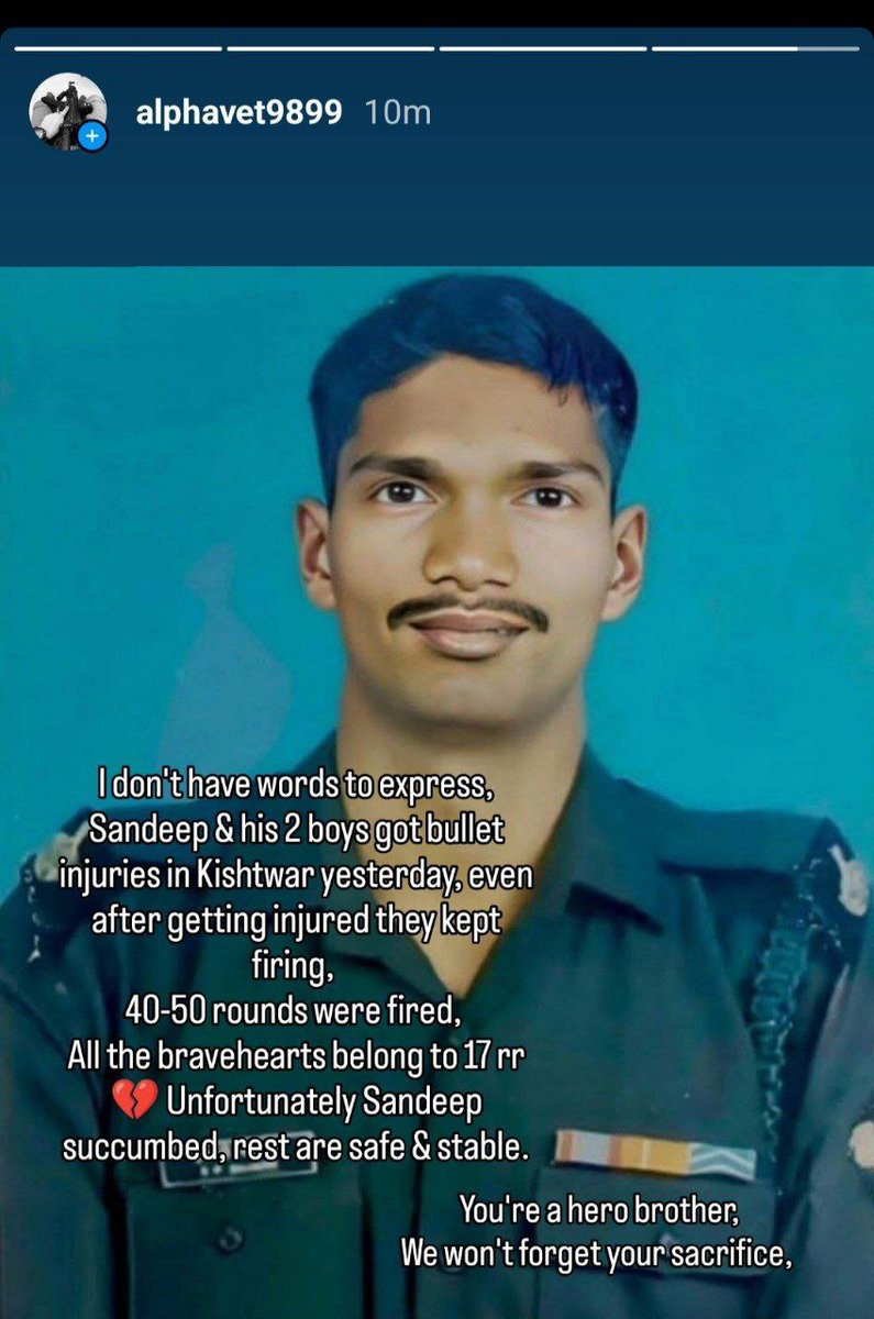 Goreunit's tweet photo. Kishtwar encounter: 
All three boys fired each 40-50 RDS even after getting injured. 

They're lions.  

Salute to all of you 🙏🏻 

Sandeep Bhai you'll be in our hearts forever. https://t.co/tucURlUmAL
