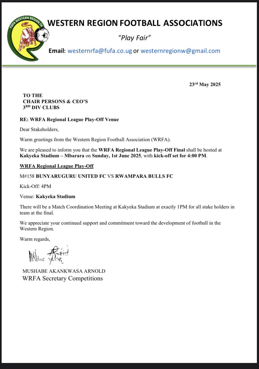 WRFA regional league play_offs between <a href="/bunyarugurufc1/">bunyaruguru united football club</a> and <a href="/Rwamparabullsfc/">Rwampara Bulls Fc</a> will be hosted at kakyeka stadium on 1st June 2025 at 4pm