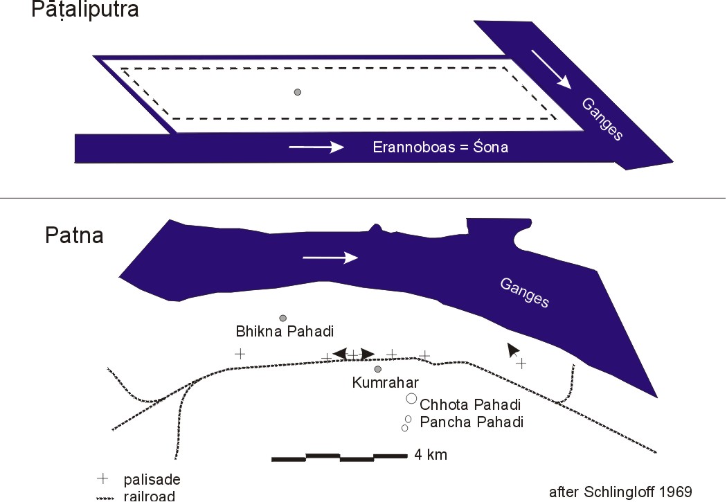 The diagram shows Ganga and Son rivers joining together at ancient Pataliputra.

Below it is another representation of how modern Patna looks, near Ganga.

Megasthenes mentions that Patliputra was situated at the junction of "Ganges &amp; Eranoboas (Son) rivers."

However, in present