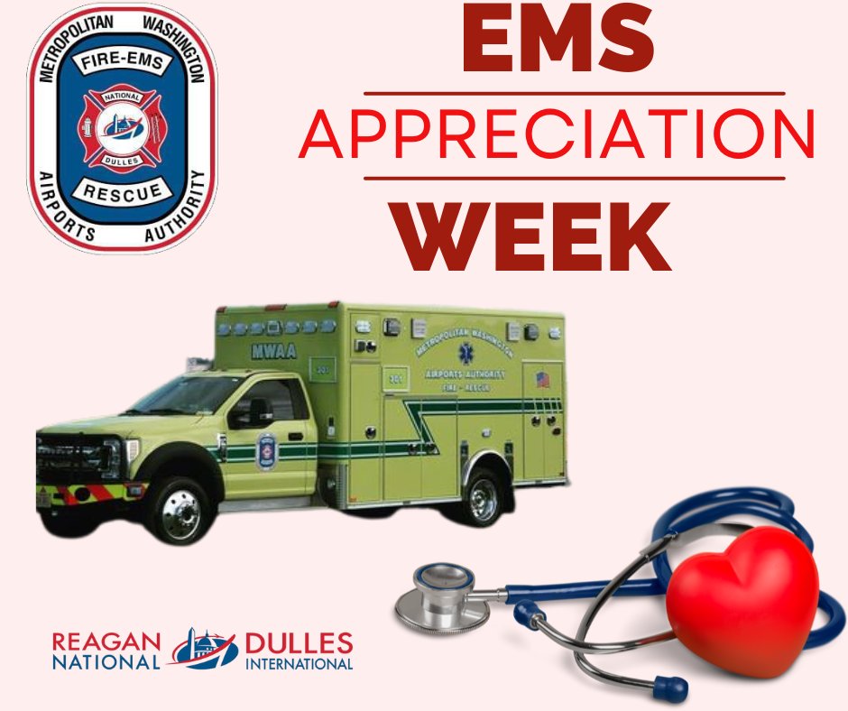 MWAAFireRescue's tweet image. 🚨 EMS Appreciation Week 🚨
This week, we honor the incredible men & women of Emergency Medical Services.
Answering the call for care 24/7 — thank you for all you do. 💙🚑
#EMSWeek #ThankYouEMS #FirstResponders
@MWAAHQ @Dulles_Airport @Reagan_Airport