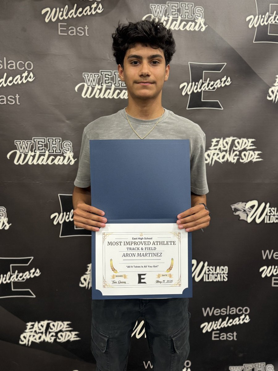Weslaco East HS boys Track &amp; Field presents the 2025 "Most Improved Athlete" award to Aron Martinez.