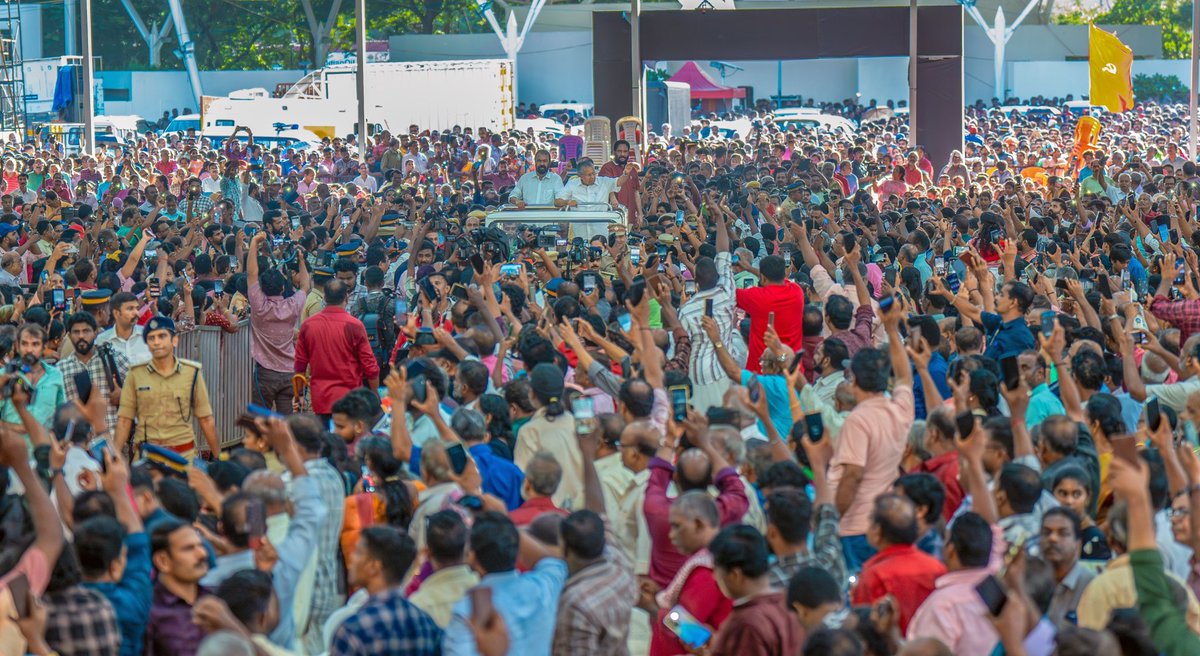 pinarayivijayan's tweet photo. The 4th anniversary of the LDF Government was marked today in Thiruvananthapuram with a massive public gathering. A detailed Progress Report, documenting the status of all promises made in the election manifesto, was released, reaffirming the Government’s commitment to transparent and accountable governance. The overwhelming turnout at the programme reflects the people’s unwavering trust. Strengthened by their support, the journey towards a more prosperous and people-centric Kerala continues with renewed determination.