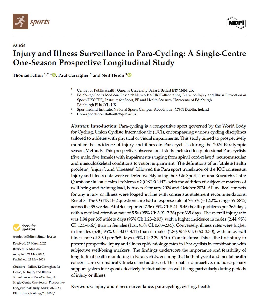 Our recent study demonstrated the feasibility and value of longitudinal wellness monitoring combined with injury and illness surveillance in elite Para cyclists. 

mdpi.com/2075-4663/13/6…

🧵 👇🏼
