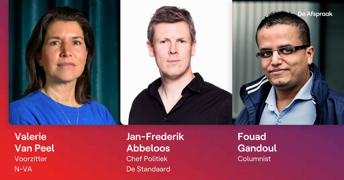 De Afspraak (@deafspraaktv) on Twitter photo Straks in #deafspraakopvrijdag: <a href="/valerievanpeel/">Valerie Van Peel</a> , <a href="/jfabbeloos/">Jan-Frederik Abbeloos</a> en <a href="/Fgandoul/">Fouad Gandoul</a> over het opinieonderzoek “De Stemming”, Israël op het Eurovisiesongfestival en de situatie in Gaza.
Om 20u35 op VRT Canvas Straks in #deafspraakopvrijdag: <a href="/valerievanpeel/">Valerie Van Peel</a> , <a href="/jfabbeloos/">Jan-Frederik Abbeloos</a> en <a href="/Fgandoul/">Fouad Gandoul</a> over het opinieonderzoek “De Stemming”, Israël op het Eurovisiesongfestival en de situatie in Gaza.
Om 20u35 op VRT Canvas