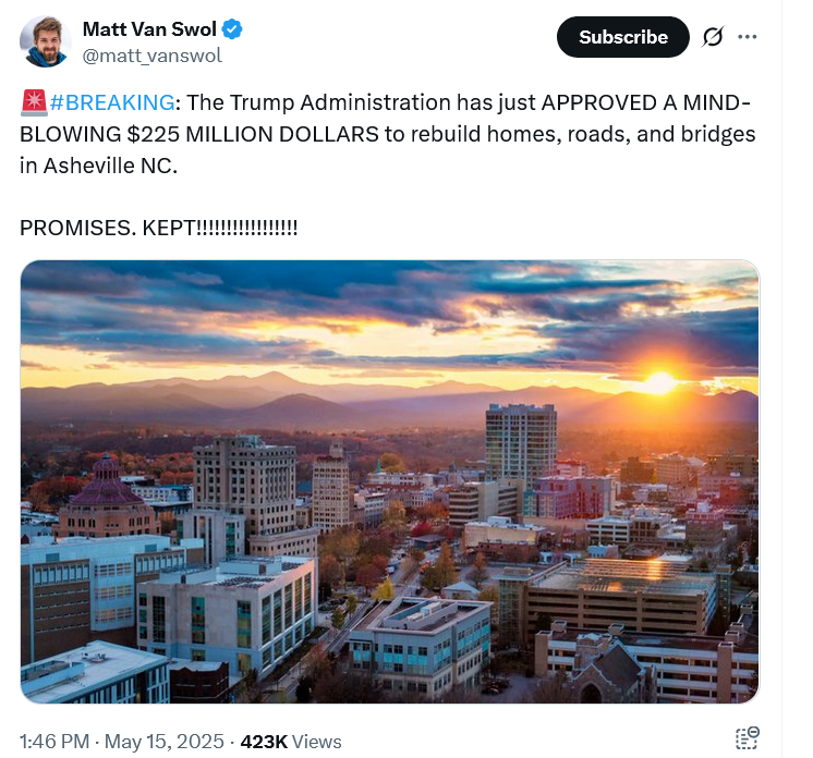 factandrumor's tweet image. #FEMA #Disasters #Hurricanes: Trump taking credit for Joe Biden's $225 million initiative MAGA voted AGAINST to rebuild homes, roads and bridges in Asheville, North Carolina hit by Hurricane Helene. So @matt_vanswol and MAGA are now worshipping Donald Trump. Make it make sense.