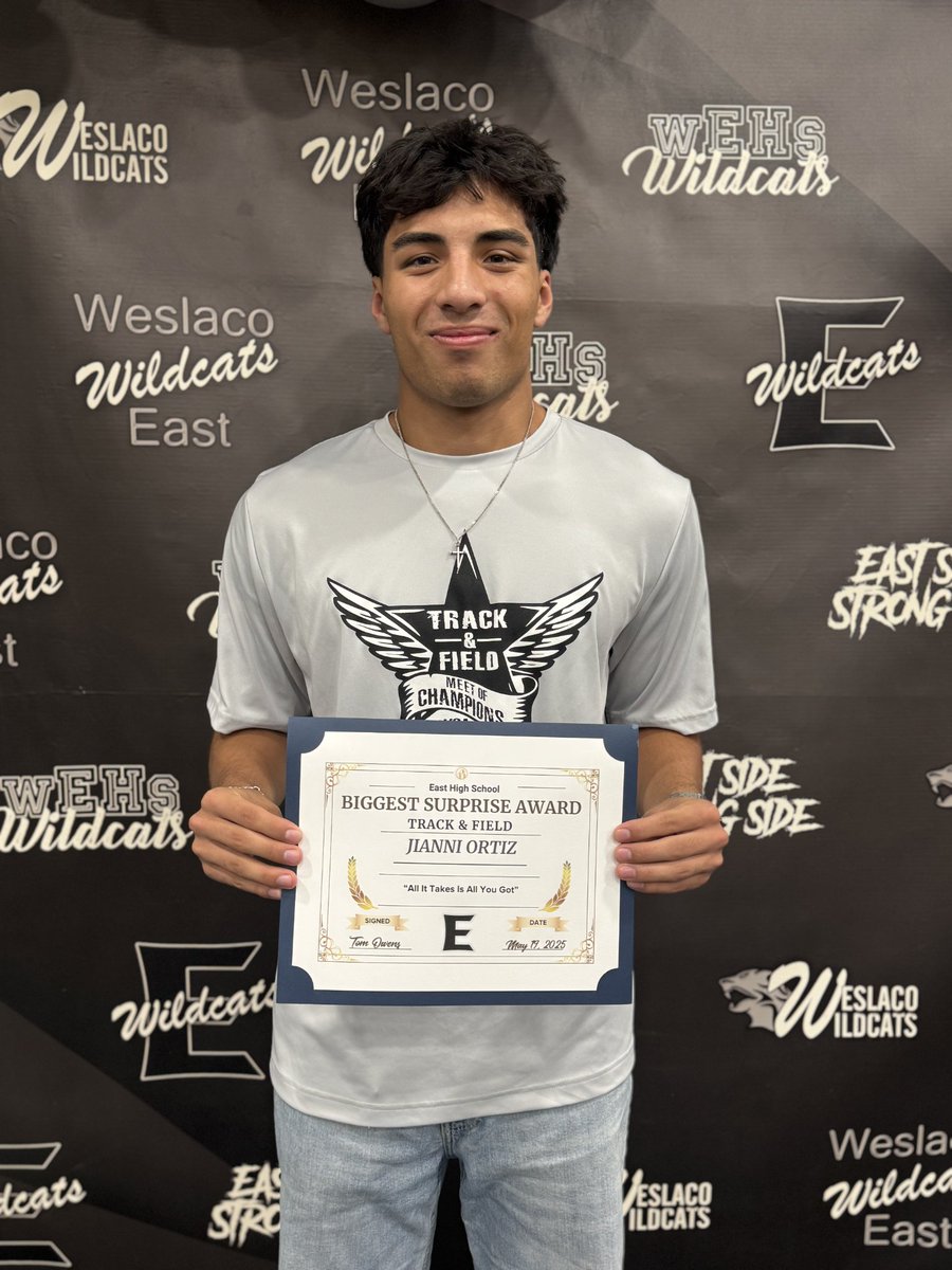Jianni Ortiz is awarded the "Biggest Surprise" award for 2025 by the Weslaco East HS boys Track &amp; Field team. "From major injury to Uil 32-5A District 200m dash champion"!