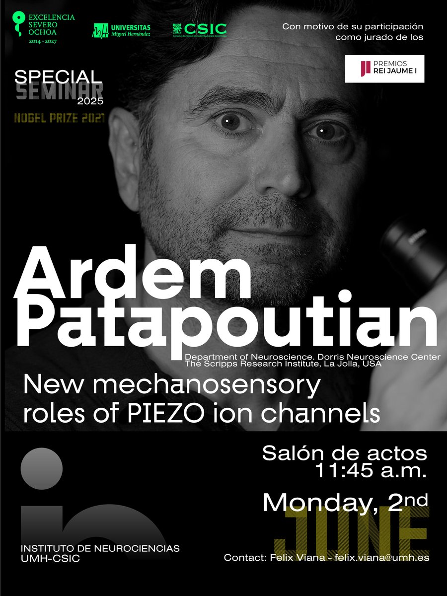 Instituto de Neurociencias UMH-CSIC (@neuroalc) on Twitter photo We’re honored to welcome again Nobel Laureate Ardem Patapoutian <a href="/ardemp/">Ardem Patapoutian</a> to the <a href="/NeuroAlc/">Instituto de Neurociencias UMH-CSIC</a> for a special seminar: “New mechanosensory roles of PIEZO ion channels”
🗓 June 2 | 🕦 11:45 AM | 📍IN Assembly hall
#Neuroscience #PIEZO #Mechanosensation We’re honored to welcome again Nobel Laureate Ardem Patapoutian <a href="/ardemp/">Ardem Patapoutian</a> to the <a href="/NeuroAlc/">Instituto de Neurociencias UMH-CSIC</a> for a special seminar: “New mechanosensory roles of PIEZO ion channels”
🗓 June 2 | 🕦 11:45 AM | 📍IN Assembly hall
#Neuroscience #PIEZO #Mechanosensation