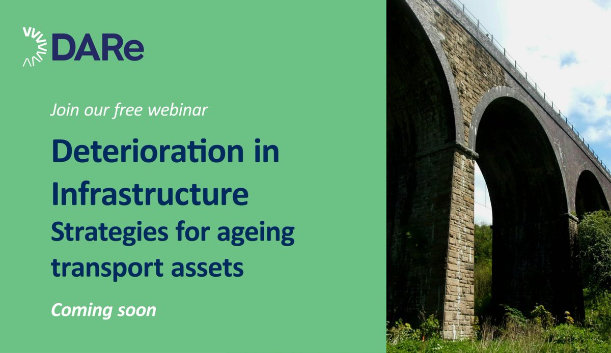 Coming soon...

DARe Webinar: Deterioration in Infrastructure - Strategies for ageing transport assets

How can we build better understanding of material degradation to predict future capacity and remaining service life?

Book your free place now: forms.office.com/e/16MdP6M60L