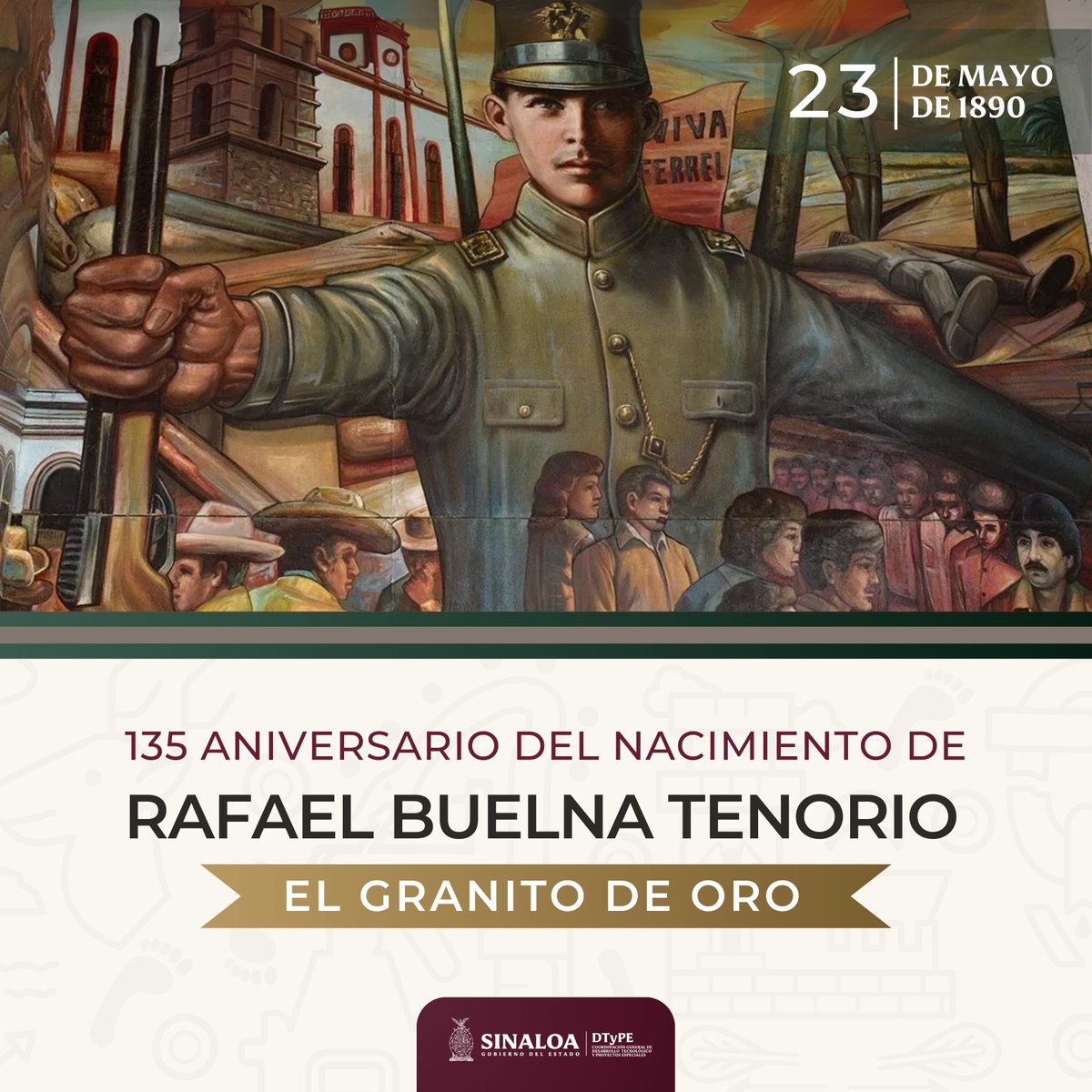 DigitalCdt21's tweet image. Un día como hoy, en 1890, nació Rafael Buelna Tenorio, mejor conocido como El Granito de Oro. Revolucionario valiente, idealista incansable y orgullo sinaloense que, con solo 33 años, dejó un legado de lucha por la libertad y la justicia. ⚔️📖
#RafaelBuelna #Sinaloa #DTYPE