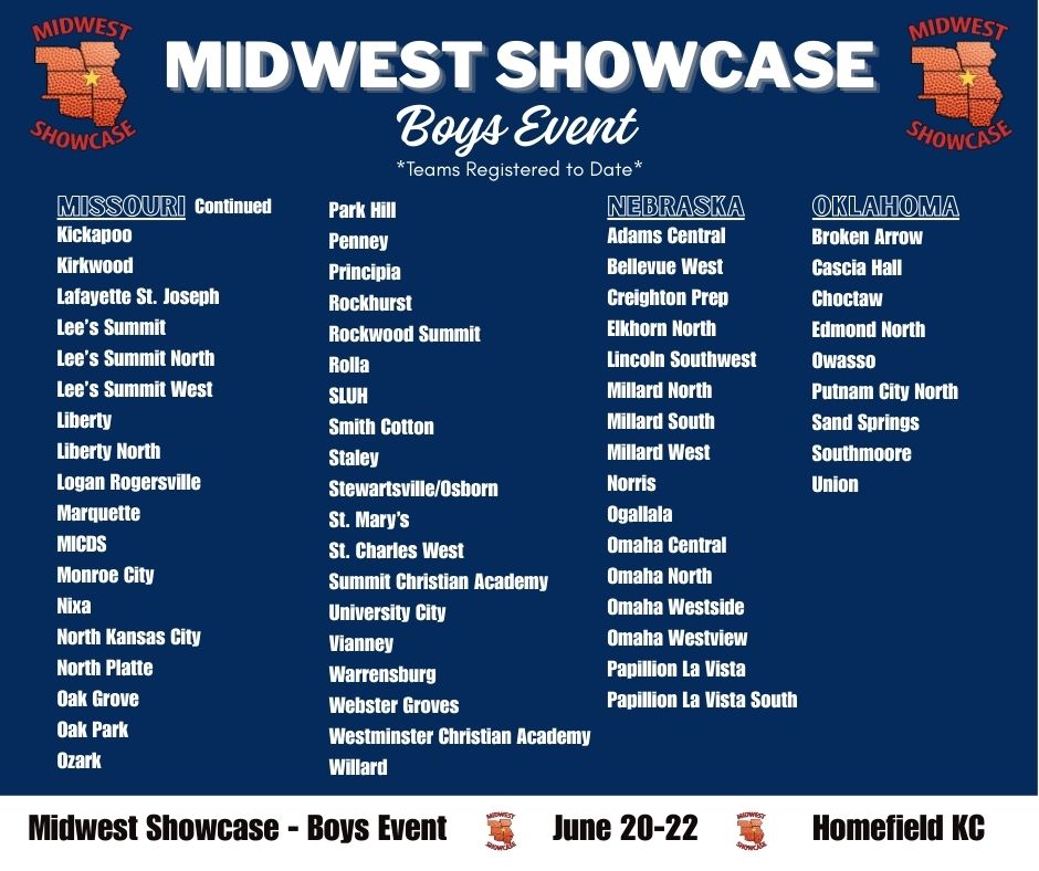 Midwest Showcase (@mw_showcase) on Twitter photo Here is an updated list of teams *registered to date* for the 2025 Boys Midwest Showcase Event! 🏀 Great basketball to come at Homefield KC on June 20-22nd!
<a href="/homefieldkc/">Homefield Kansas City</a> @mbcacoaches Here is an updated list of teams *registered to date* for the 2025 Boys Midwest Showcase Event! 🏀 Great basketball to come at Homefield KC on June 20-22nd!
<a href="/homefieldkc/">Homefield Kansas City</a> @mbcacoaches
