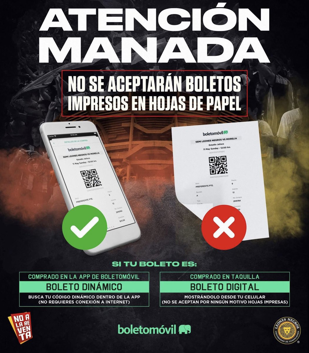 LeonesNegrosCF's tweet photo. Manada, no caigas en estafas, ni engaños. ¡MUCHA ATENCIÓN A ESTA INFO! 👇

✅🎟️ Boleto Dinámico 
✅🎟️ Boleto Digital 
❌ Boleto Impreso en hoja de papel. POR NINGÚN MOTIVO será válido para ingresar, aun cuando tú lo hayas descargado para posteriormente imprimirlo. https://t.co/0kuPKaWaYN