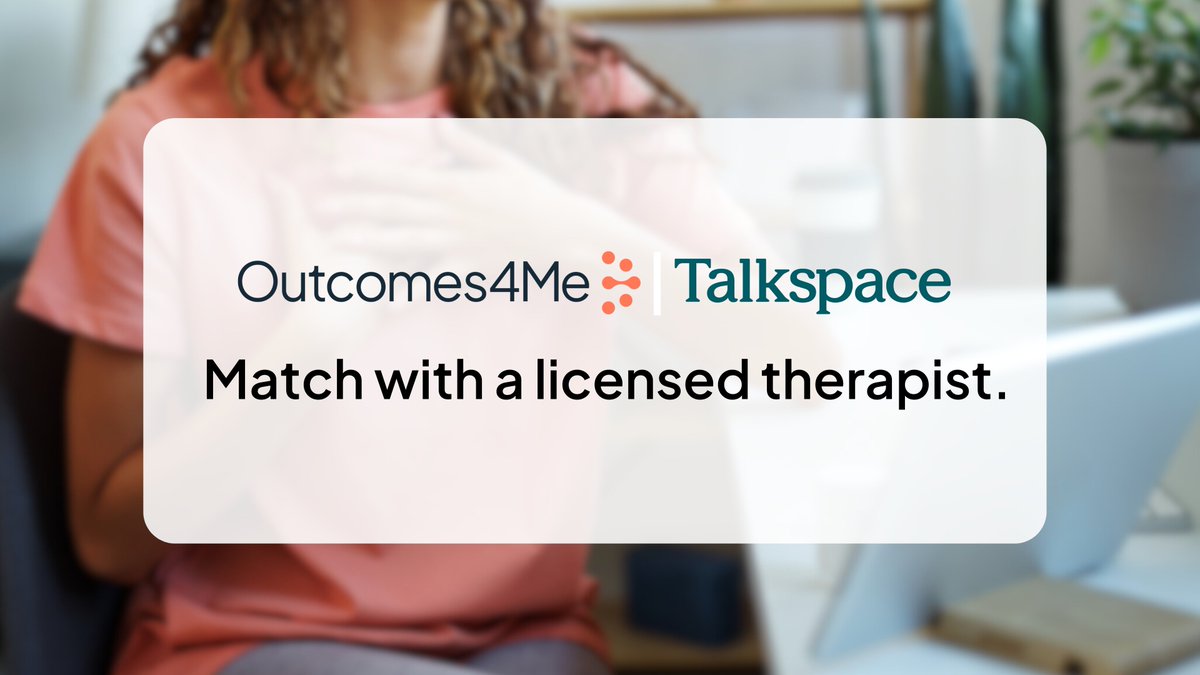 outcomes4me's tweet image. For #MentalHealthAwarenessMonth, we’ve partnered with @talkspace to offer an accessible & convenient way to connect with a #licensedtherapist. If you're paying out of pocket, use the code OUTCOMES4ME100 for $100 off your first month ➡️ bit.ly/3ZrwSGj
