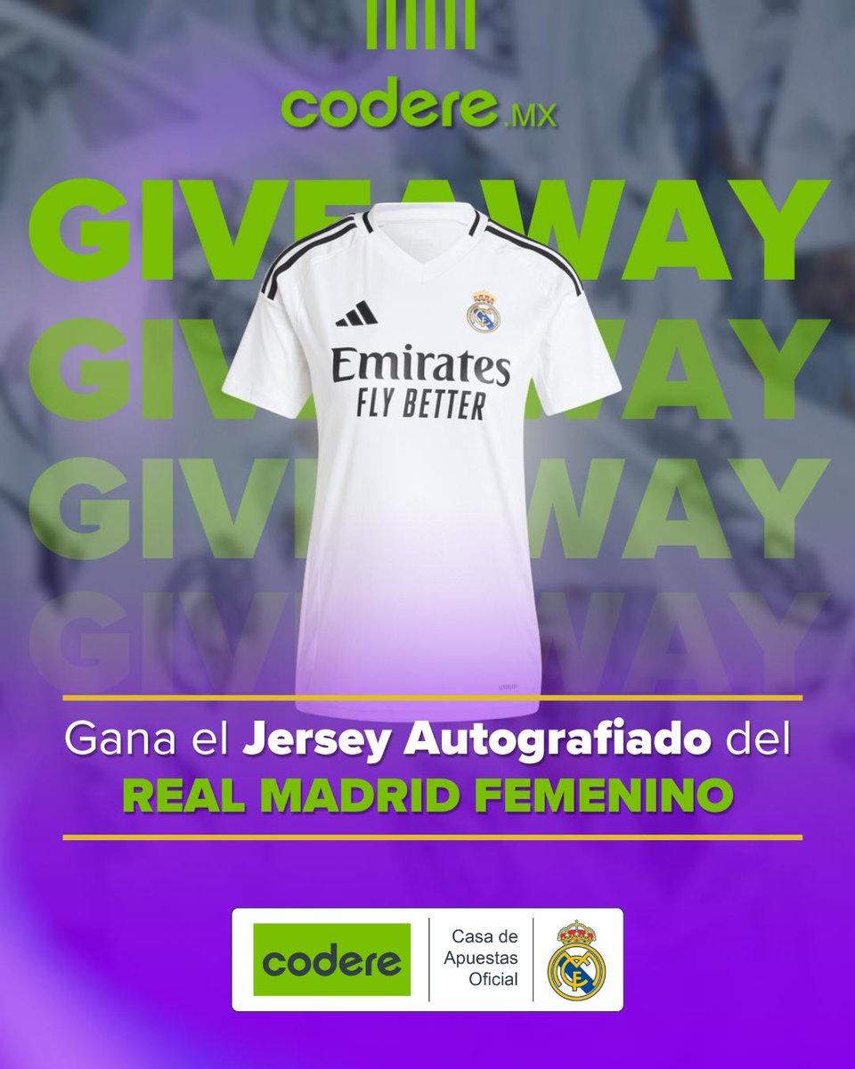 Codere.mx (@coderemx) on Twitter photo 🙋♀️ ¡EL BALÓN ES DE ELLAS! ⚽️
Sobrinos, celebremos el Día Internacional del Fútbol Femenino.
¡GANA UNO DE LOS 5 JERSEYS AUTOGRAFIADOS DE MI <a href="/realmadridfem/">Real Madrid C.F.</a>!
Bases:
✅ Síguenos.
💚 Dale like y RT.
✍🏼 Usa el #CodereMadridista y dinos quién es tu jugadora madridista favorita. 🙋♀️ ¡EL BALÓN ES DE ELLAS! ⚽️
Sobrinos, celebremos el Día Internacional del Fútbol Femenino.
¡GANA UNO DE LOS 5 JERSEYS AUTOGRAFIADOS DE MI <a href="/realmadridfem/">Real Madrid C.F.</a>!
Bases:
✅ Síguenos.
💚 Dale like y RT.
✍🏼 Usa el #CodereMadridista y dinos quién es tu jugadora madridista favorita.
