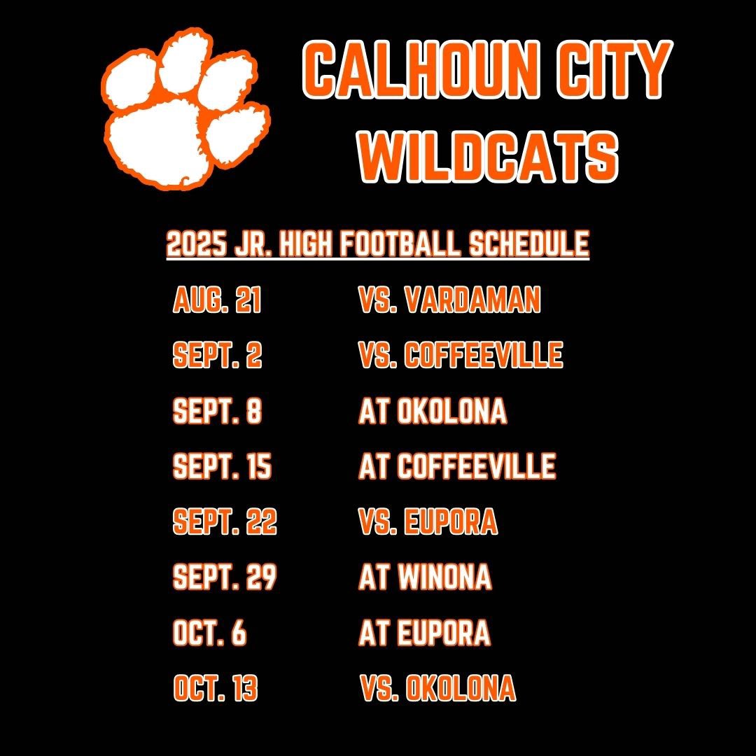 Here are our updated varsity and junior high football schedules for this fall! 🏈 

Nights at The Boneyard are fast approaching. 

#CalhounCity | #CityPride
