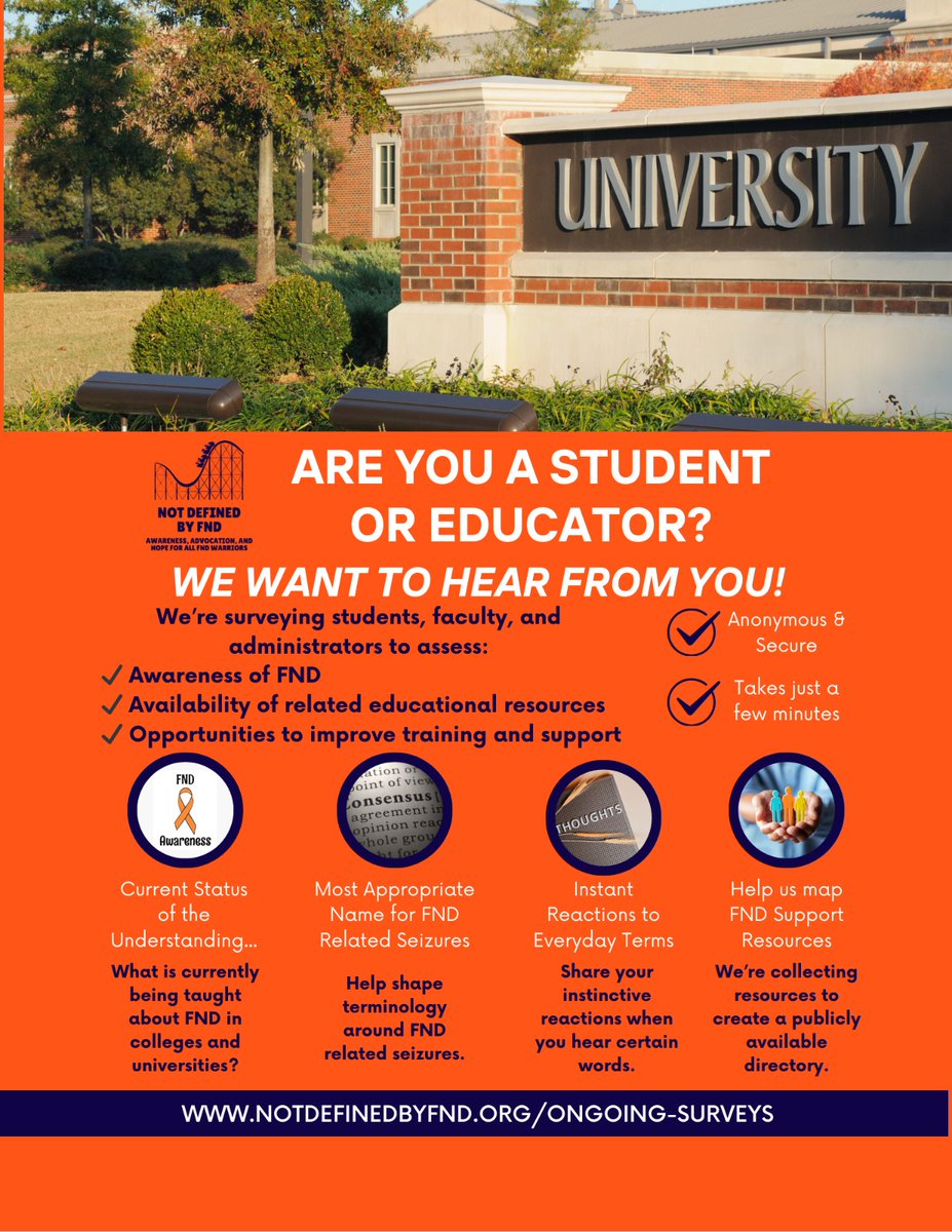 🎓 Are you a student or educator? We want your voice!
Help us understand how FND is seen (or missed) in education.
Take our short anonymous survey:
👉 notdefinedbyfnd.org/ongoing-surveys
#FNDawareness #InclusiveEducation #NotDefinedByFND