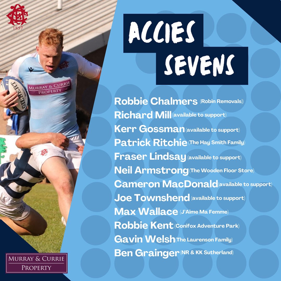 Edinburgh Accies (@edinburghaccies) on Twitter photo Team News 📄
Your Accies 1VII for the <a href="/Melrose7s/">Howden Melrose Sevens</a> , where we start the tournament against <a href="/LSFCOfficial/">London Scottish Rugby</a> at 11am!
📸: Derek Jackson Team News 📄
Your Accies 1VII for the <a href="/Melrose7s/">Howden Melrose Sevens</a> , where we start the tournament against <a href="/LSFCOfficial/">London Scottish Rugby</a> at 11am!
📸: Derek Jackson