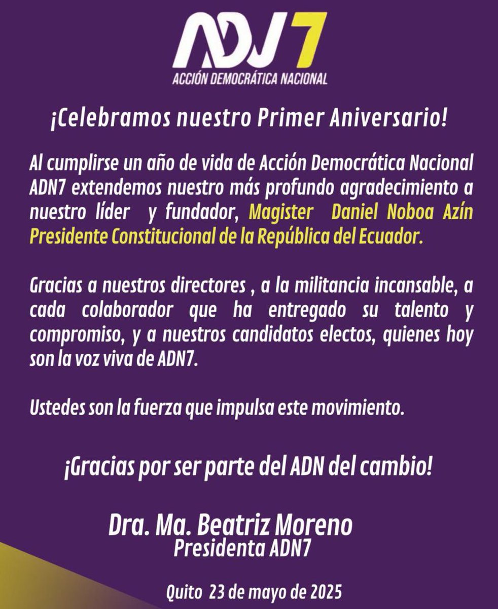 Adnecuadorok's tweet photo. ¡ADN7 cumple su primer año!
Gracias al liderazgo de @DanielNoboaOk y al compromiso de nuestra militancia, hoy somos la fuerza del cambio.
Esto recién comienza.
¡Vamos por más!
#ADN7 https://t.co/d2JvhzXyjt