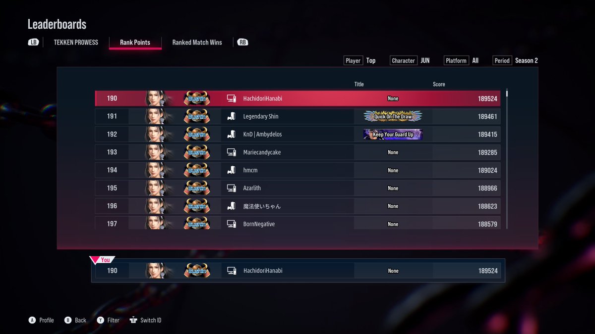 Last night, I reached Bushin and also cracked the top 200 for Jun players in the world for the first time while on the air (#190 on the leaderboard)!

The TEKKEN ranked ladder can be exhausting, but days like this make the journey worthwhile.