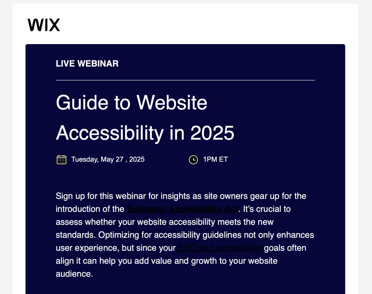 Should <a href="/Wix/">Wix</a> also learn about email accessibility?😂 Links are black...