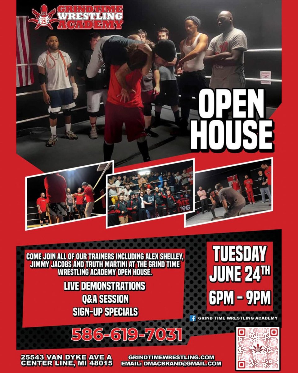 GrindTimeMI's tweet photo. Mark your calendars! On June 24, Grind Time Wrestling Academy is hosting an Open House. Check out our programs, meet the team, and come see what we’re all about! #GrindTimeWrestlingAcademy https://t.co/4LRGuHXaOK