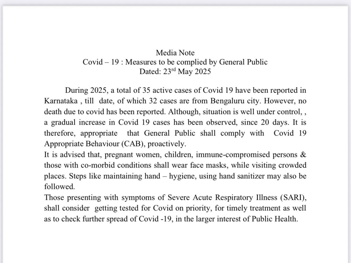Chetana Belagere (@chetanabelagere) on Twitter photo #COVID2025 UPDATE
Karnataka reports 35 active #Covid19 cases. 32 from Bengaluru. No deaths, but slow rise noted over 20 days.
<a href="/DHFWKA/">Karnataka Health Department</a> Health Dept urges public to follow Covid-Appropriate Behaviour (CAB):
Masks in crowds
Hand hygiene
Get tested if SARI symptoms
<a href="/NammaBengaluroo/">ನಮ್ಮ ಬೆಂಗಳೂರು Namma Bengaluru</a> #COVID2025 UPDATE
Karnataka reports 35 active #Covid19 cases. 32 from Bengaluru. No deaths, but slow rise noted over 20 days.
<a href="/DHFWKA/">Karnataka Health Department</a> Health Dept urges public to follow Covid-Appropriate Behaviour (CAB):
Masks in crowds
Hand hygiene
Get tested if SARI symptoms
<a href="/NammaBengaluroo/">ನಮ್ಮ ಬೆಂಗಳೂರು Namma Bengaluru</a>